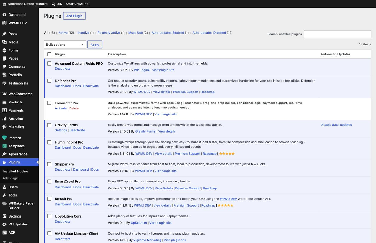 The WordPress Plugins screen listing installed plugins with Deactivate links