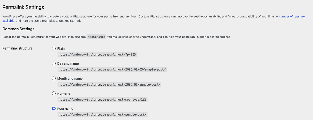 The Permalink Settings screen with several URL structure options and Post name selected