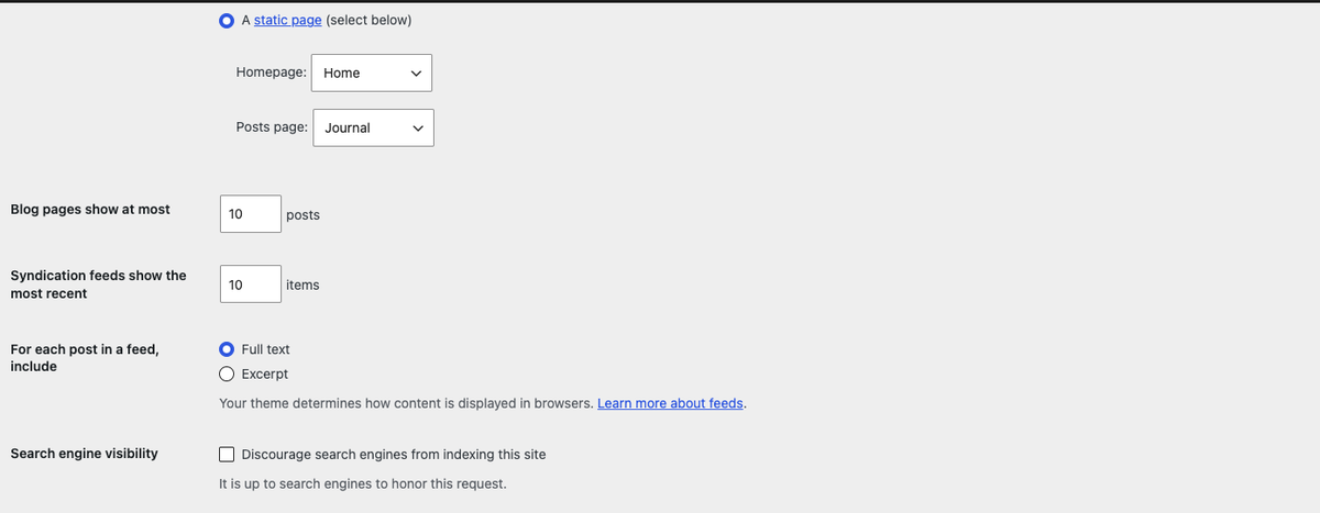 Reading Settings showing the Homepage and Posts page dropdowns and the Discourage search engines checkbox