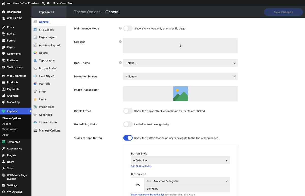 The Impreza Theme Options panel with sections for Colors, Typography and Site Layout, and a Maintenance Mode toggle
