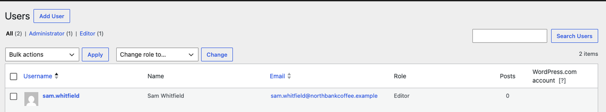 The Users screen showing a team member with the Editor role and the Add User button