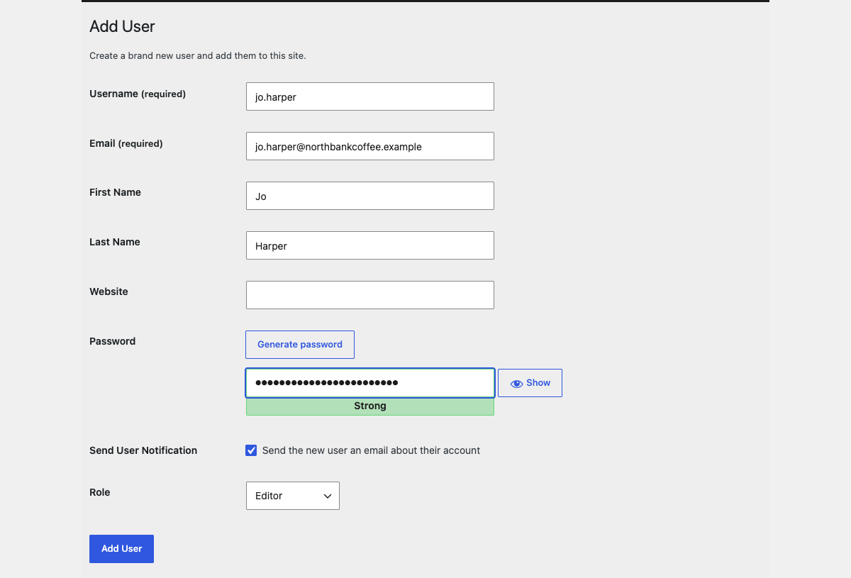 The Add User form with username, email, first and last name filled in, a masked password, and Role set to Editor