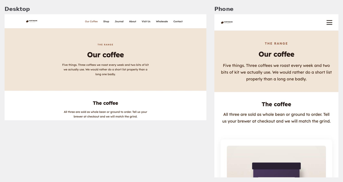 The same web page shown side by side, wide on the left and narrow on the right, with the layout stacked into a single column on the narrow version