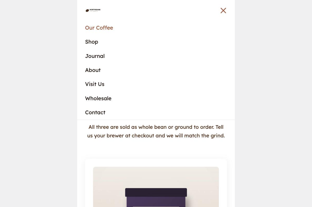 A website on a narrow screen with the mobile menu open, listing every page in the navigation