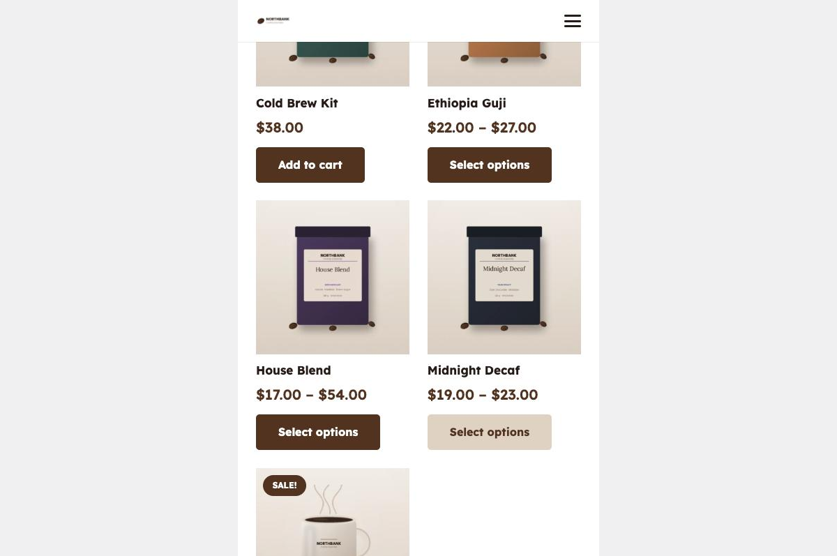 A shop page on a narrow screen with products reflowing into two columns