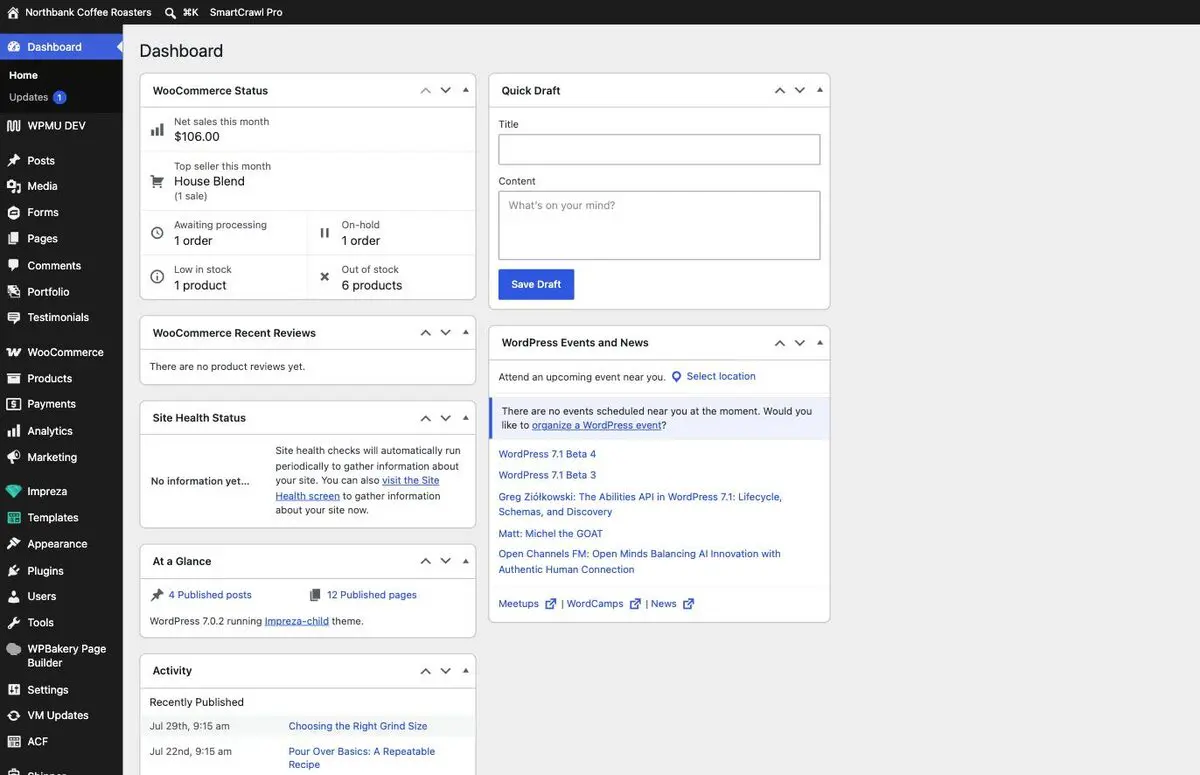 The WordPress dashboard, with the menu down the left and summary panels in the middle