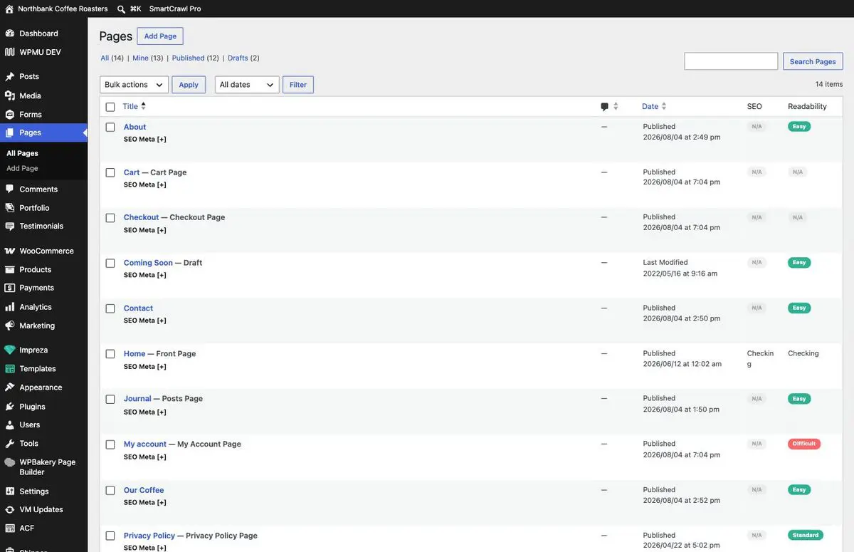 The Pages screen listing every page on the site with its published date