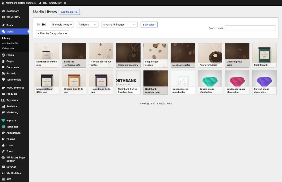 The Media Library in grid view showing thumbnails of every uploaded image