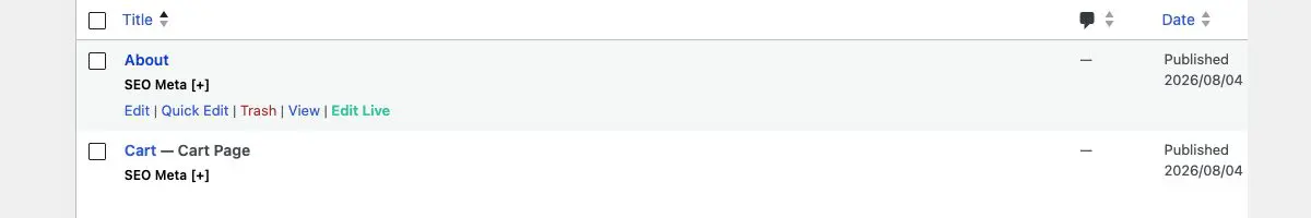 A row on the Pages list hovered, revealing Edit, Quick Edit, Trash, View and Edit Live links
