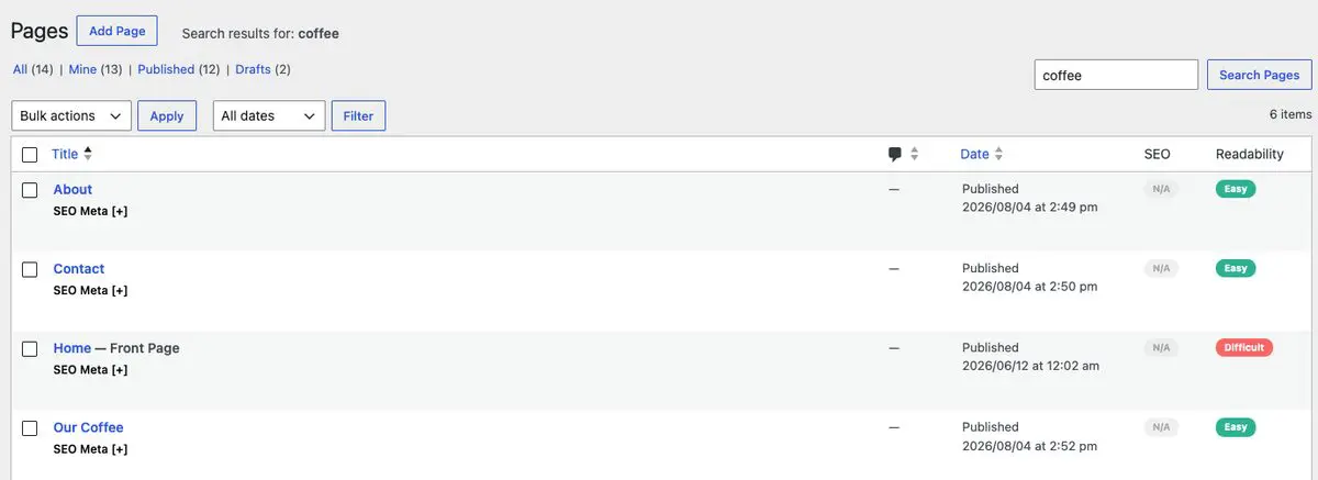 The Pages list filtered to search results for the word coffee, showing six matching pages