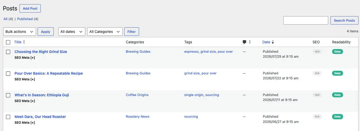 The Posts list showing each post with its category and tags, and an All Categories filter above the table