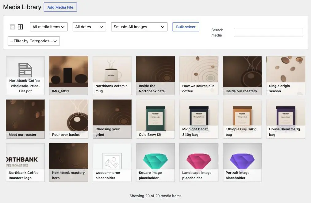 The WordPress Media Library in grid view, showing thumbnails of twenty files including a PDF