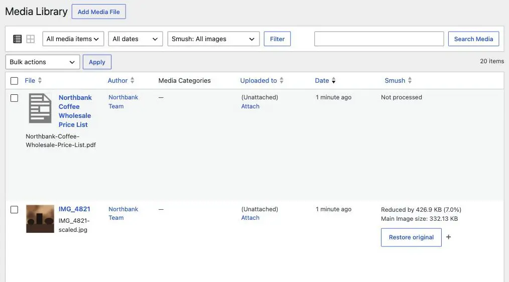 The WordPress Media Library in list view, showing the filter bar, the file names and the Uploaded to column