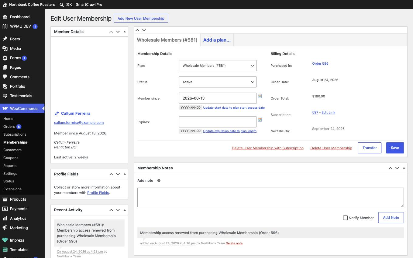 A membership detail screen showing the member name, the plan, the active status, the start and end dates, and a billing section linking to the subscription that granted the membership