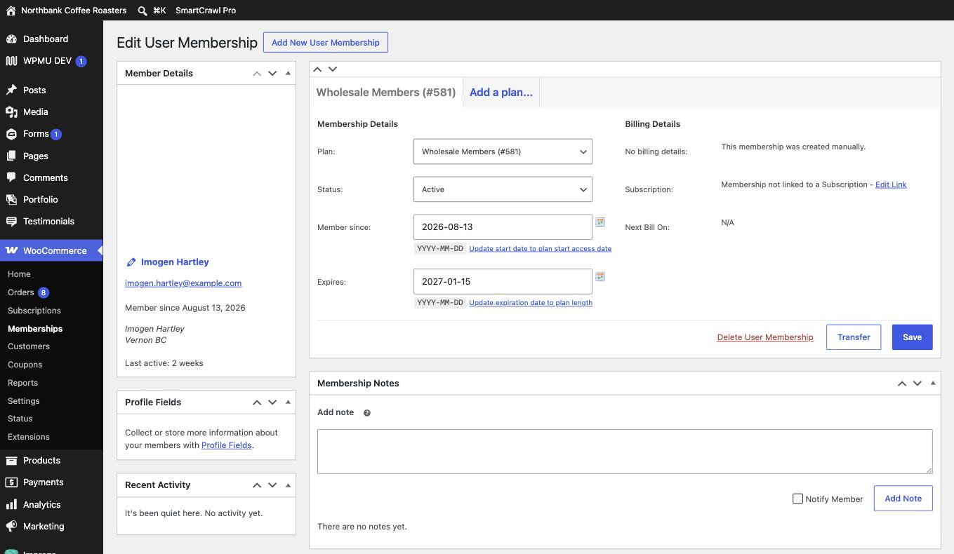 A membership record open for editing, showing the member and plan at the top, a status dropdown, and editable start and end date fields with a calendar picker