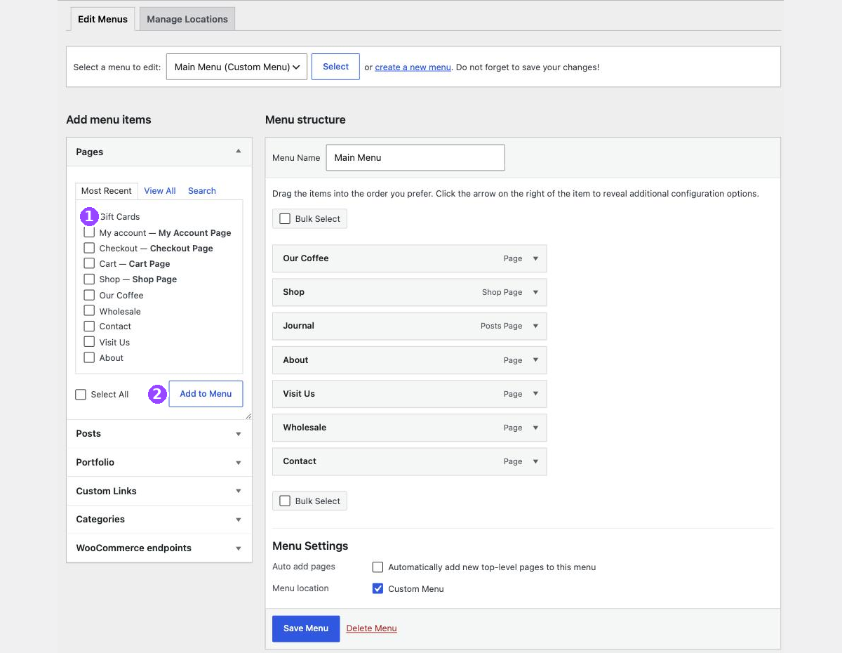 The WordPress Menus screen with an Add menu items panel on the left and the Menu structure list of seven links on the right