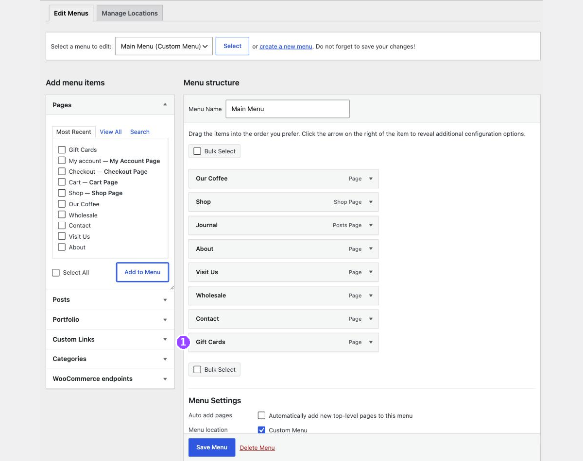 The Menu structure list now showing eight links, with the newly added Gift Cards link at the bottom