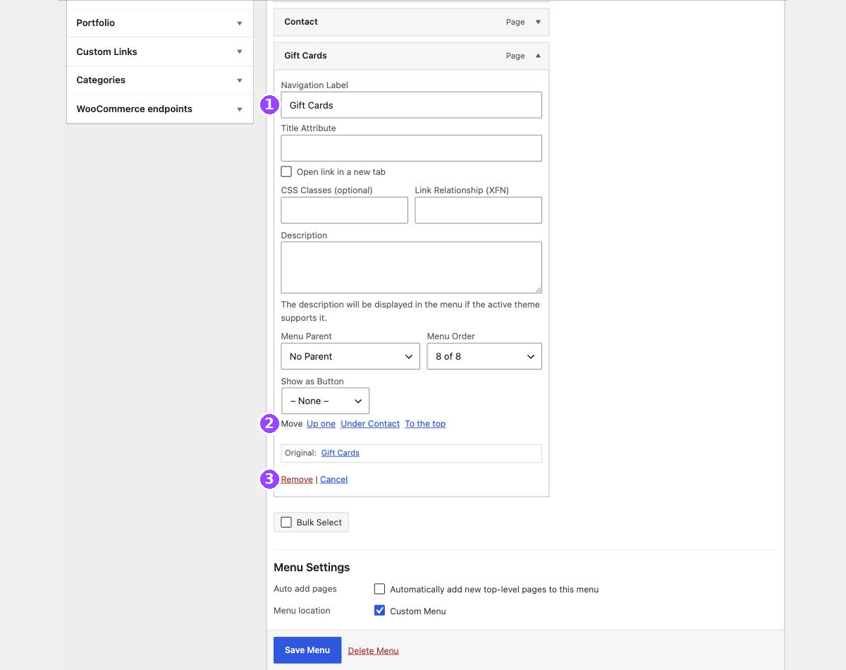 An expanded menu item panel showing the Navigation Label field, a row of Move links, and a red Remove link