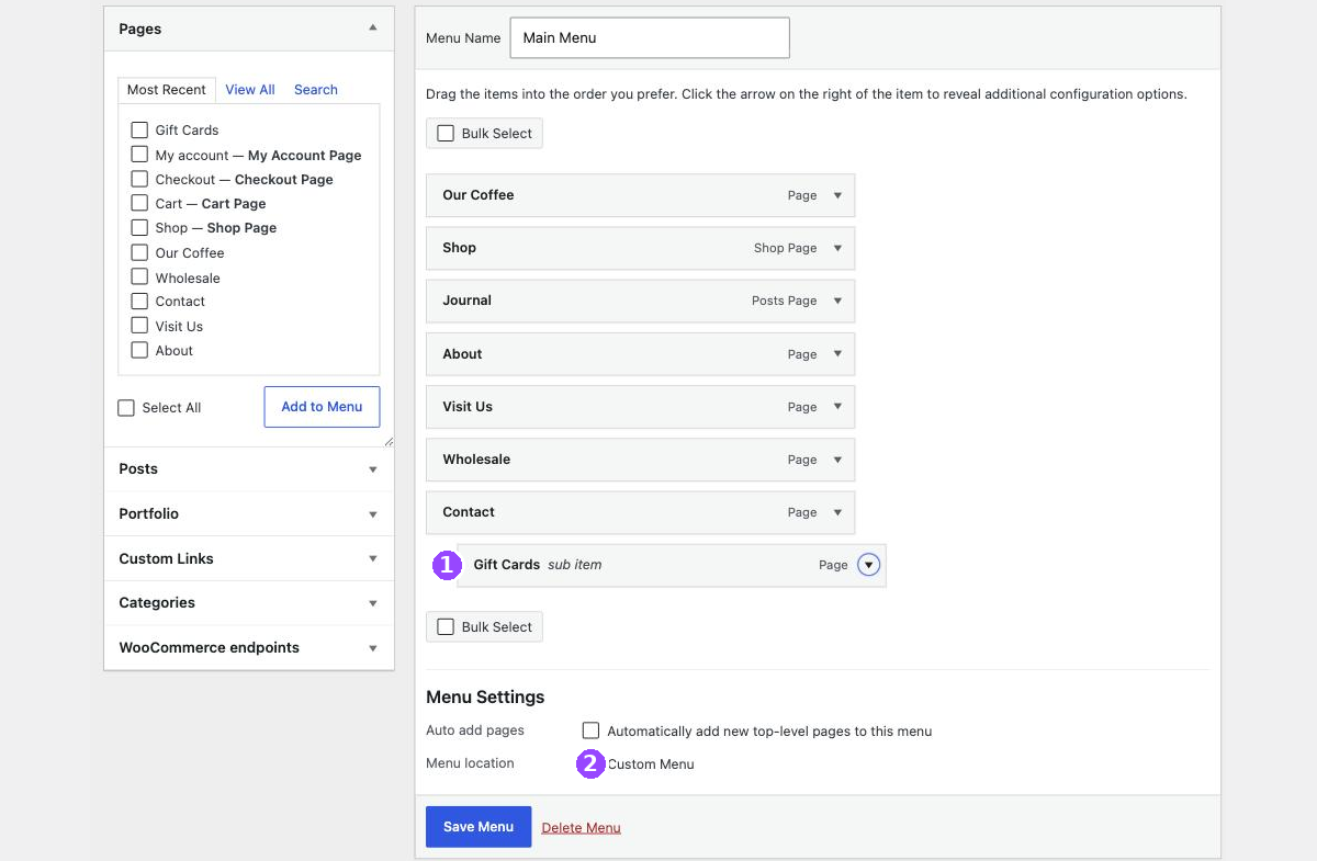 A menu structure list where one link is indented under Contact and labelled sub item