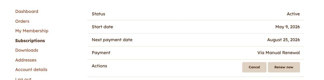 An individual subscription page showing status, start date, next payment date, payment method and an Actions row with Cancel and Renew now buttons