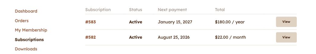 The Subscriptions page in a customer account, listing subscriptions with status, next payment date, total, and a View button on each row