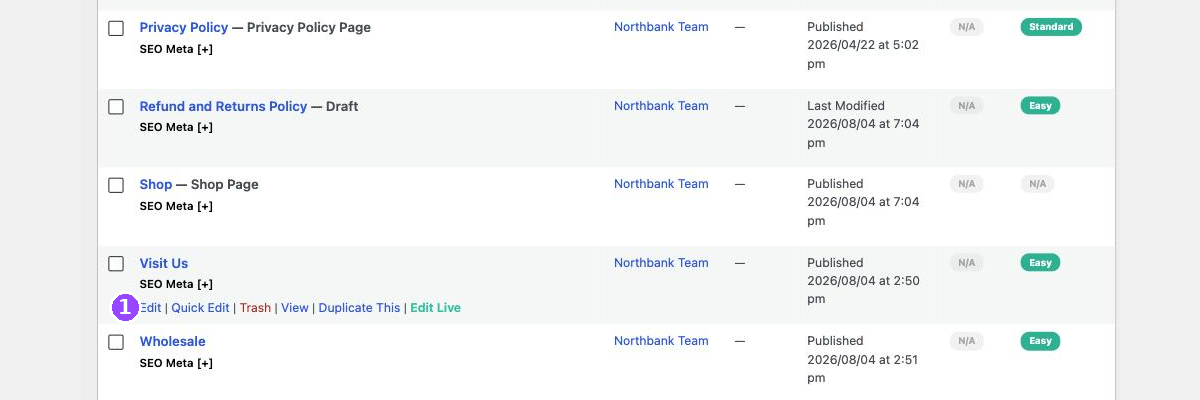 A WordPress Pages list with one row hovered, showing row action links reading Edit, Quick Edit, Trash, View, Duplicate This and Edit Live