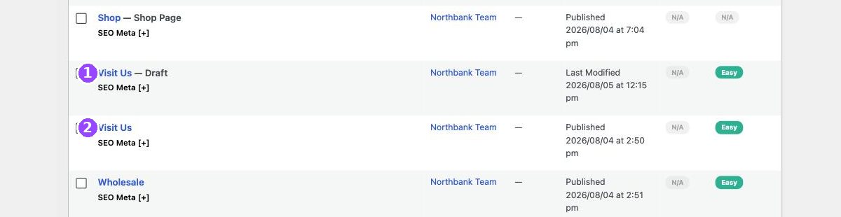 A Pages list showing two rows with the same name, the upper one marked Draft and the lower one published