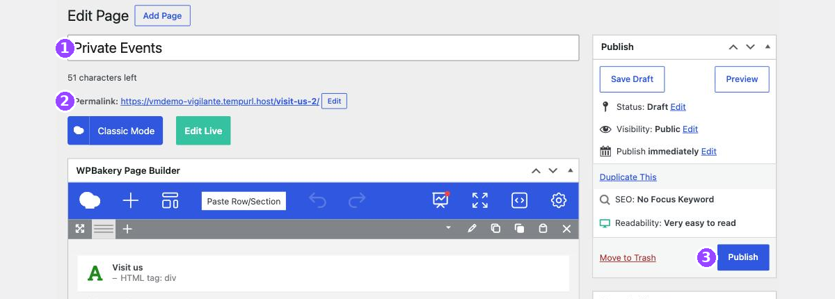A page editor with the title changed to Private Events but the permalink still ending in visit-us-2, and a Publish button in the sidebar