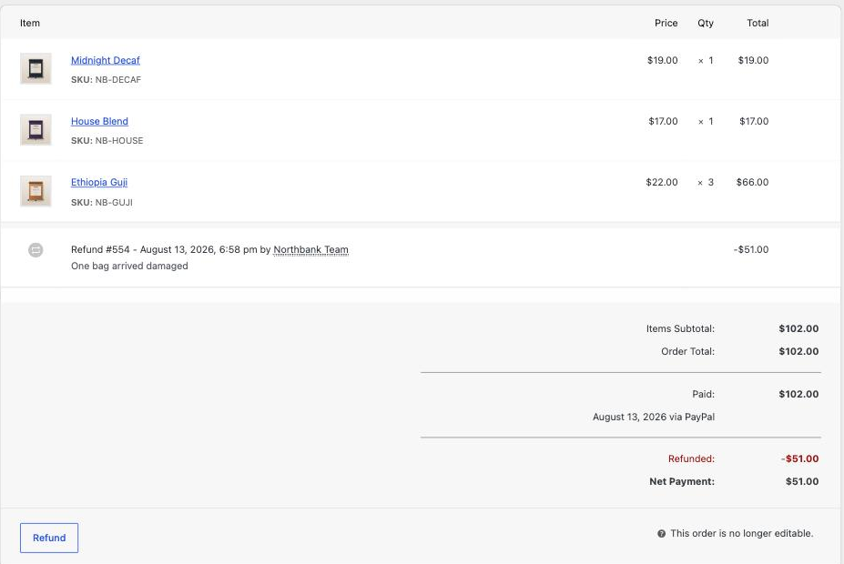 An order screen showing three purchased items, a refund line of minus 51 dollars with the reason one bag arrived damaged, order totals showing refunded and net payment, and a Refund button