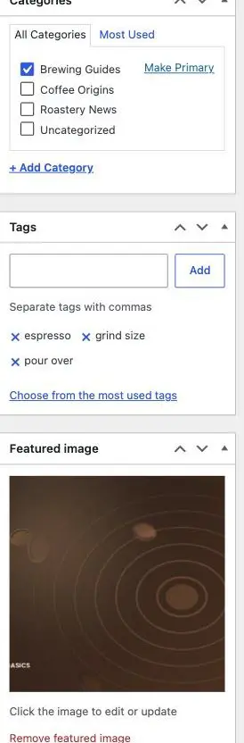 The right-hand column of the post editor showing the Categories checkboxes, the Tags box and the Featured image panel