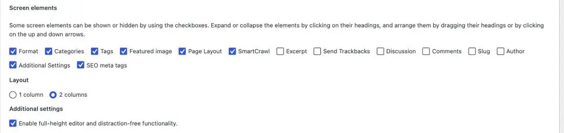 The Screen Options panel with checkboxes for screen elements, showing the Excerpt checkbox switched off