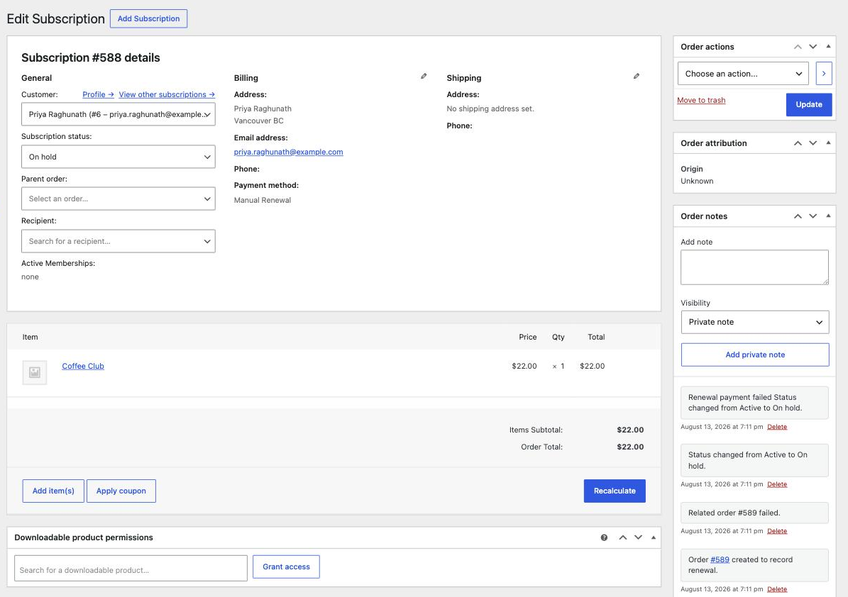 The Edit Subscription screen showing the customer, the Subscription status dropdown, the billing details, the subscribed item and the order notes panel on the right