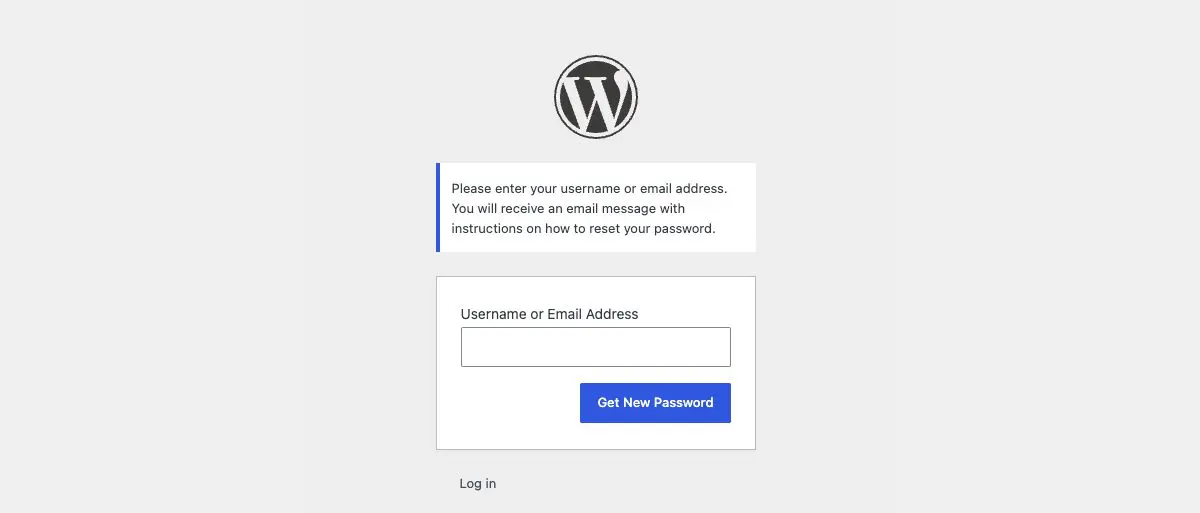 The Lost Password screen with one Username or Email Address field and a Get New Password button