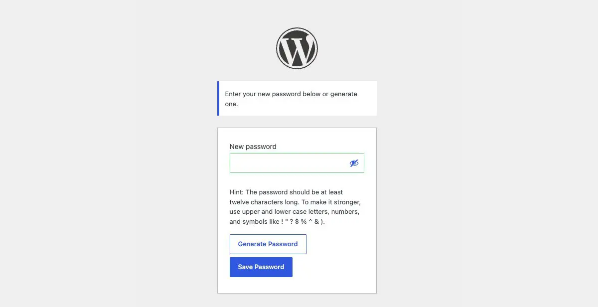 The Reset Password screen with an empty New password field, a Generate Password button and a Save Password button