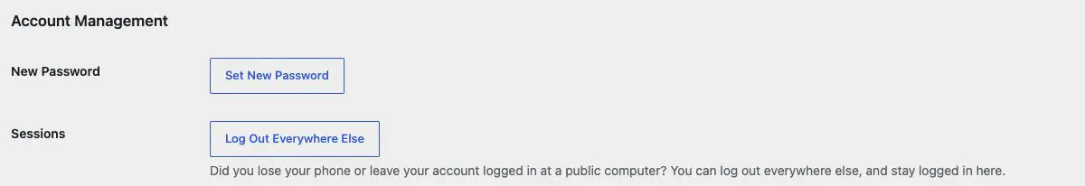 The Account Management section of the profile screen, showing the Set New Password button and Log Out Everywhere Else