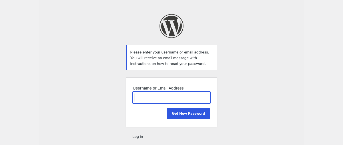 The Lost Password screen with an empty Username or Email Address field and a blue Get New Password button