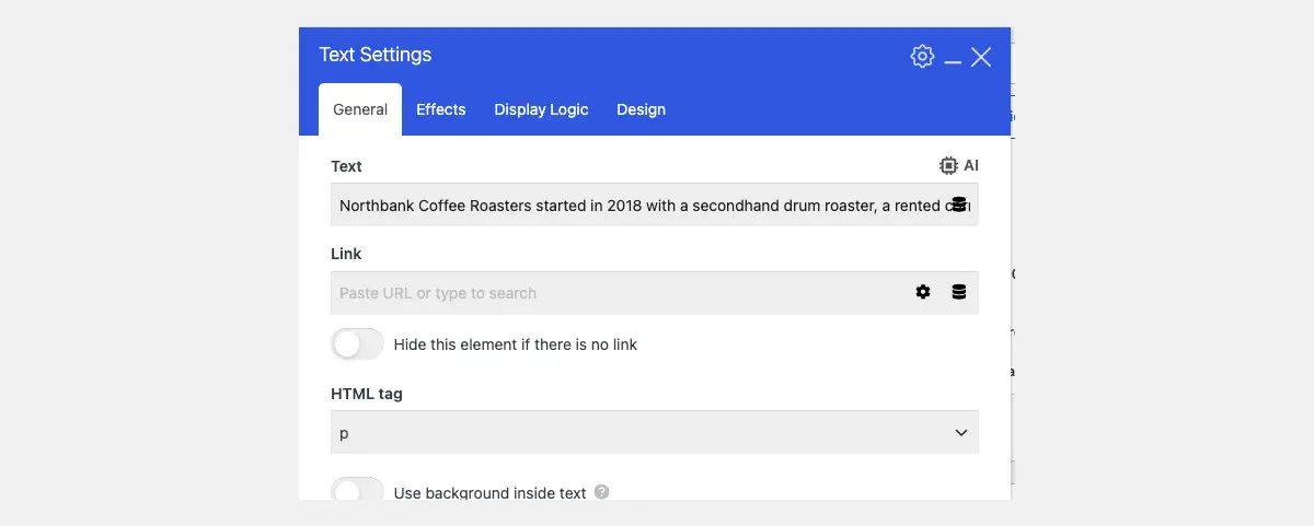 The Text Settings window for a Text element, with a single line Text field at the top, a Link field below it and an HTML tag dropdown set to p