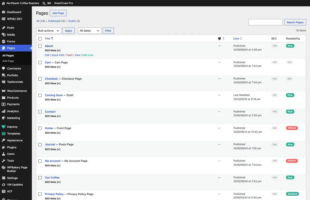 The WordPress Pages list with the About row hovered, revealing the Edit, Quick Edit, Trash, View and Edit Live links under the page title