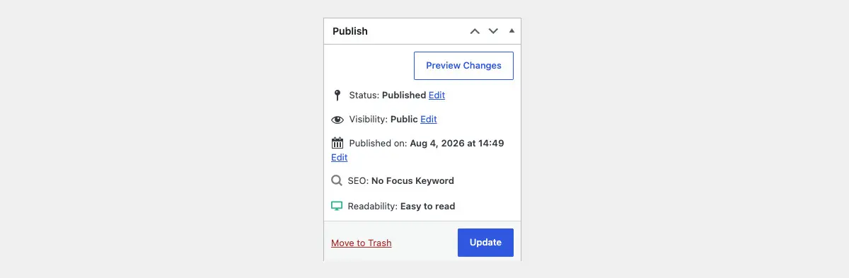 The Publish panel showing Status Published, Visibility Public, a Move to Trash link and the blue Update button