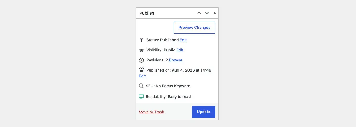 The Publish panel showing a Revisions line reading Revisions 2 followed by a Browse link