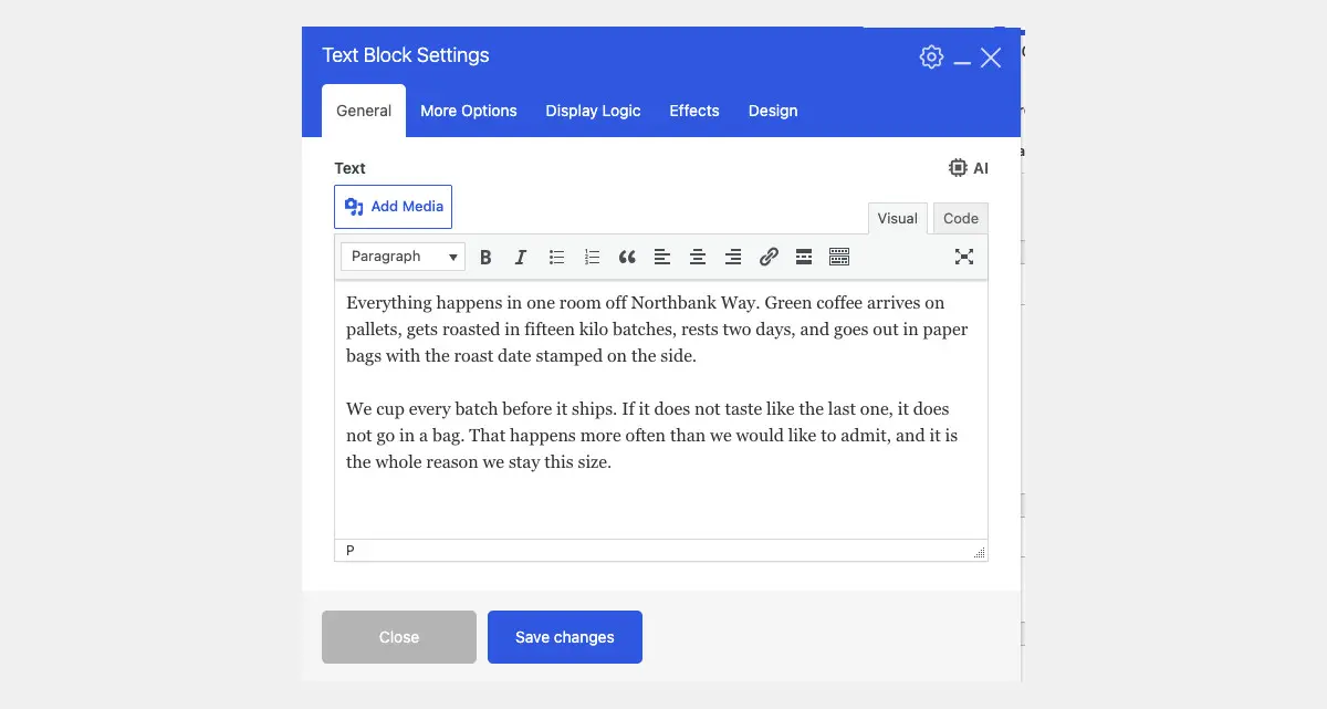 The Text Block Settings window with the wording changed from twelve kilo batches to fifteen kilo batches, ready to save