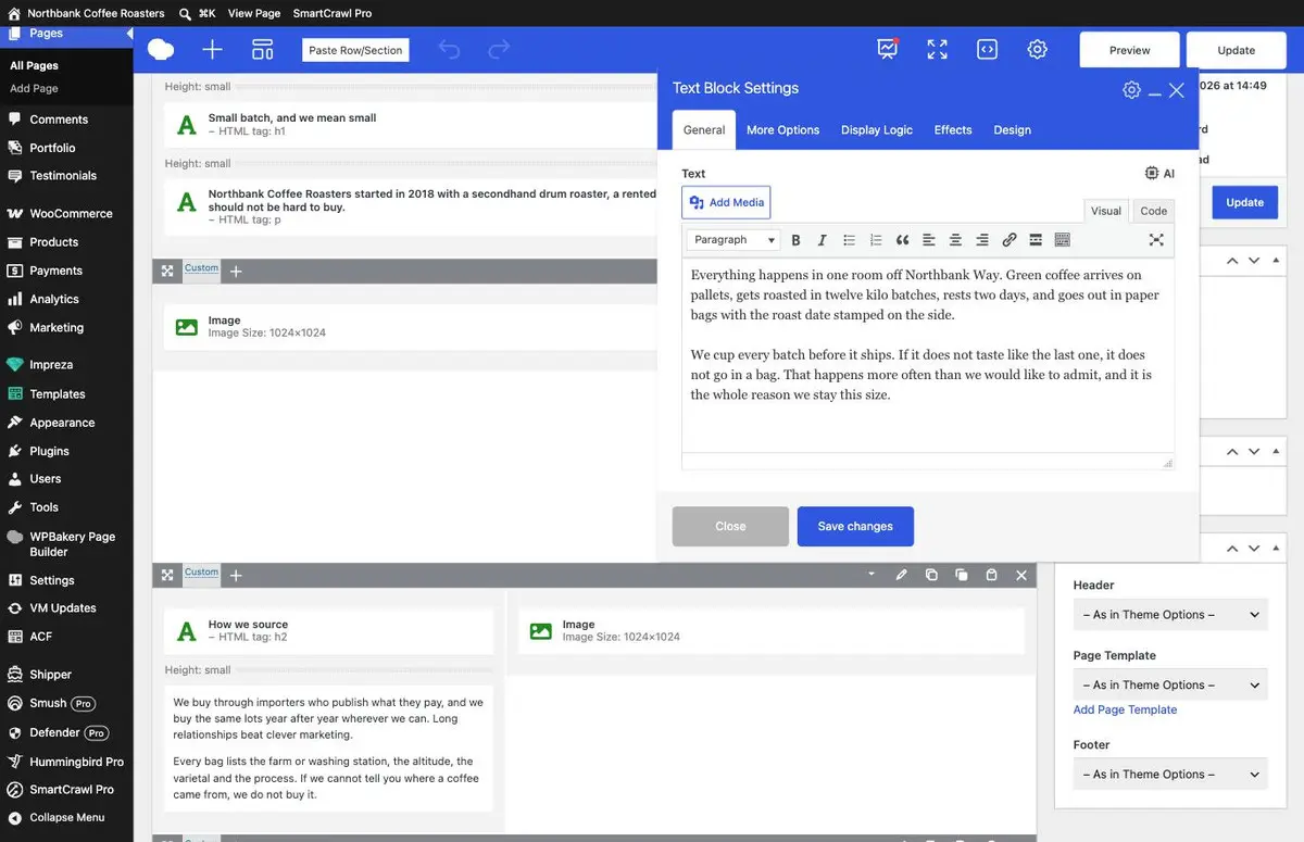 The Text Block Settings window open over the builder, showing the Text field containing two paragraphs, a formatting toolbar and the Save changes button