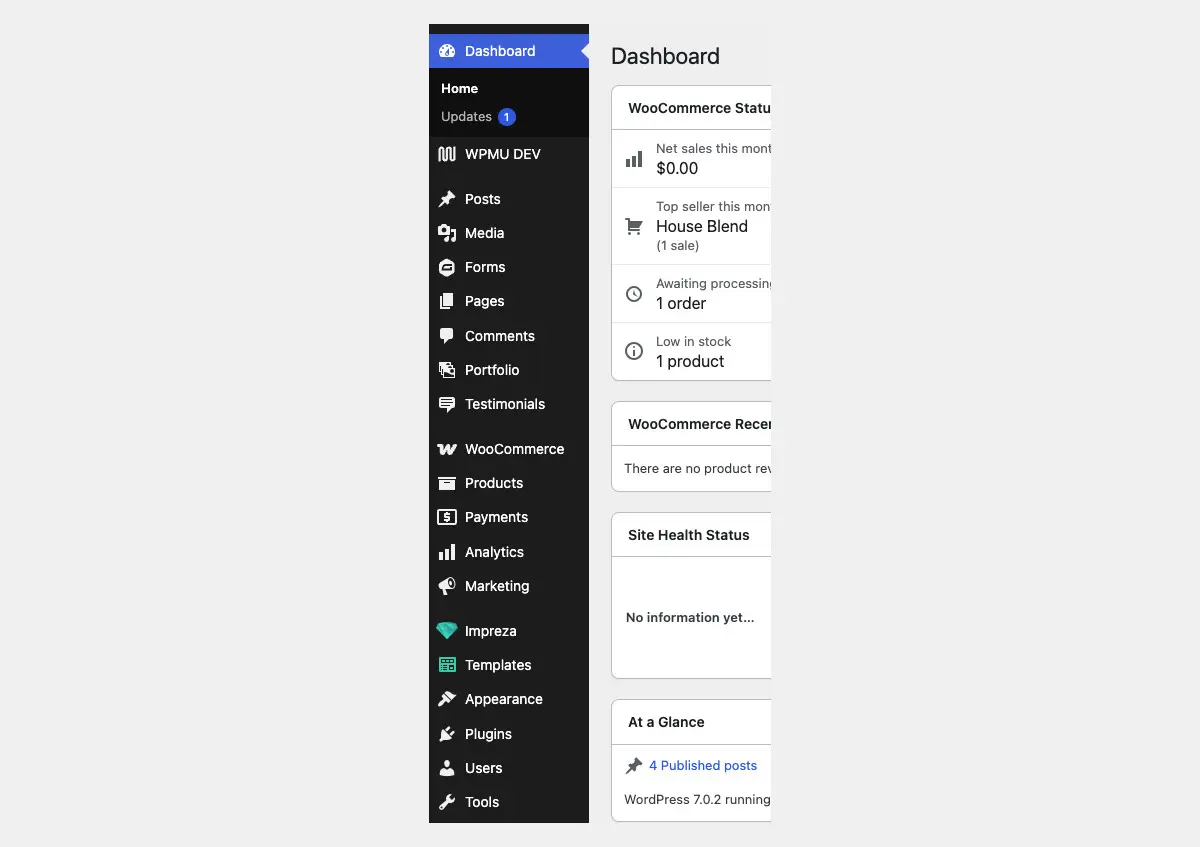 The WordPress admin menu listing Dashboard, Posts, Media, Forms, Pages, Comments, Portfolio, Testimonials, WooCommerce, Products and Appearance
