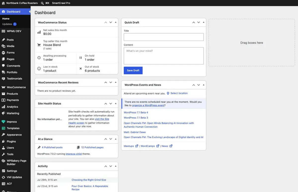 The WordPress Dashboard after logging in, with the dark admin menu down the left side and summary panels for orders, drafts and site health