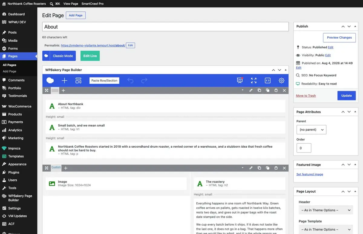 The About page open in the WPBakery Page Builder editor, showing the page title field, the blue builder toolbar and stacked rows of elements