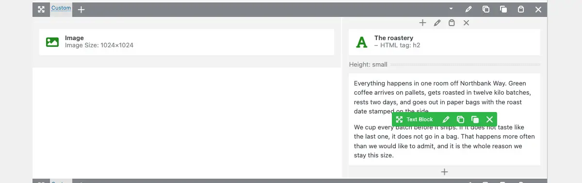 A green toolbar labelled Text Block appearing over a paragraph in the builder, with pencil, copy, clone and cross icons