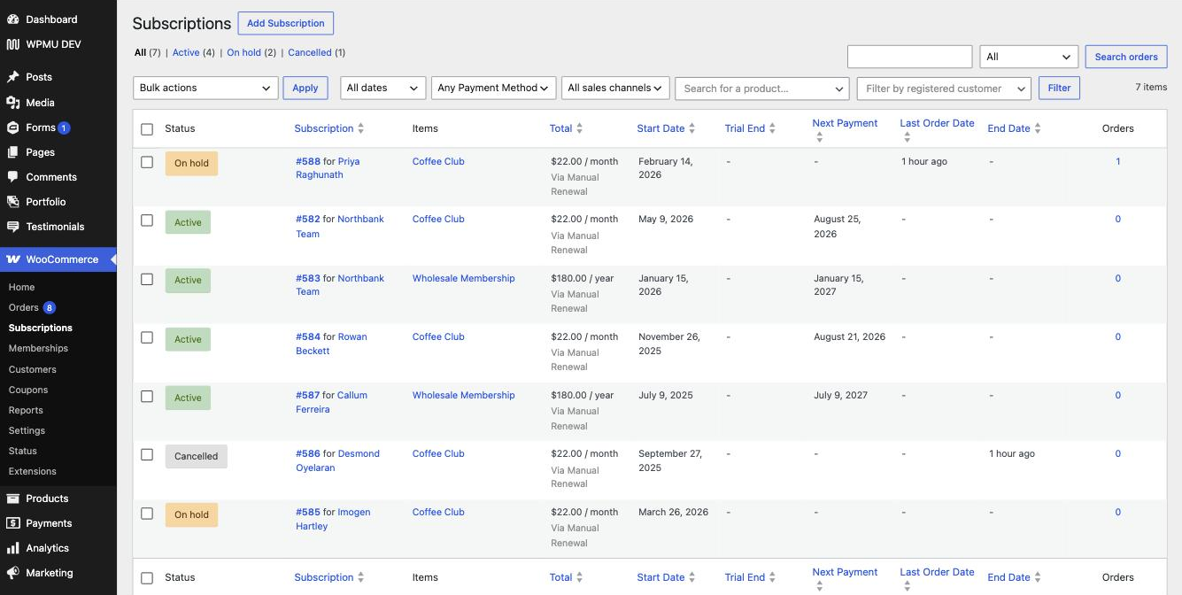 The WooCommerce Subscriptions admin list showing seven subscriptions with coloured status labels, the customer name, the item, the amount and billing period, start date and next payment date