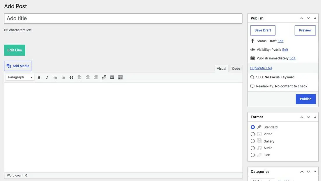 The Add Post screen showing an empty title box, the formatting toolbar, an empty content area and the Publish panel