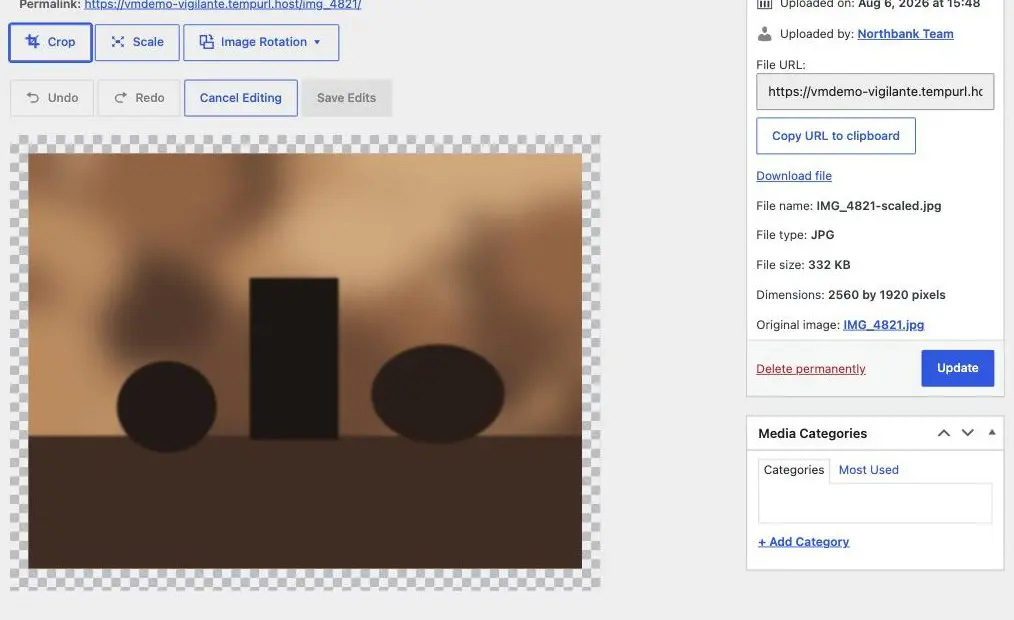 The WordPress image editor toolbar with Crop, Scale and Image Rotation buttons above the image