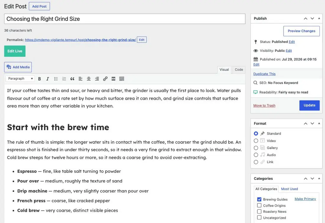 A post open in the classic editor with a title, permalink, Add Media button, formatting toolbar and body text with a heading and a list